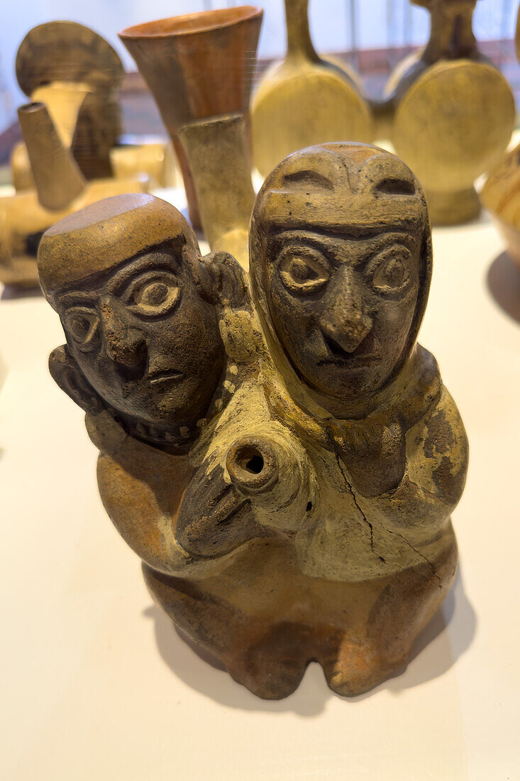 An Andean ceramic vessel with human faces in the Dr. Eduardo Casanova Archeology Museum in Tilcara, Argentina.