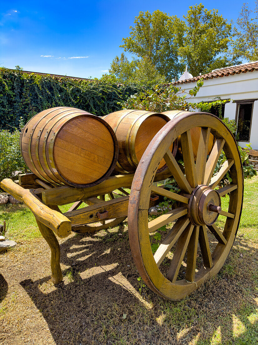 A wooden cart with wine casks as decoration in the patio of the Bodega Nanni Winery, Cafayete, Argentina.