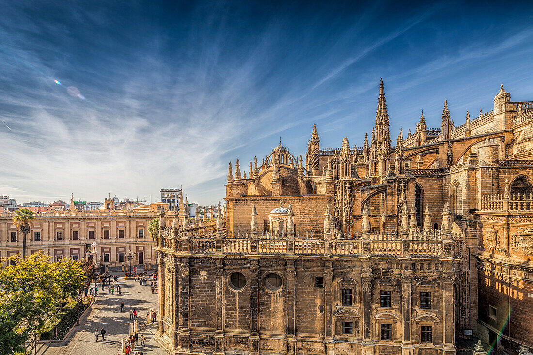 Experience the grandeur of Seville Cathedral alongside the vibrant Triunfo Square filled with historical charm and stunning architecture.