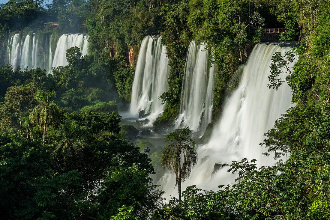 Der Nationalpark Iguazu Falls in Argentinien. Ein UNESCO-Welterbe. Von links nach rechts sind die Bernabe Mendez-, Adam-und-Eva- und Bossetti-Fälle zu sehen