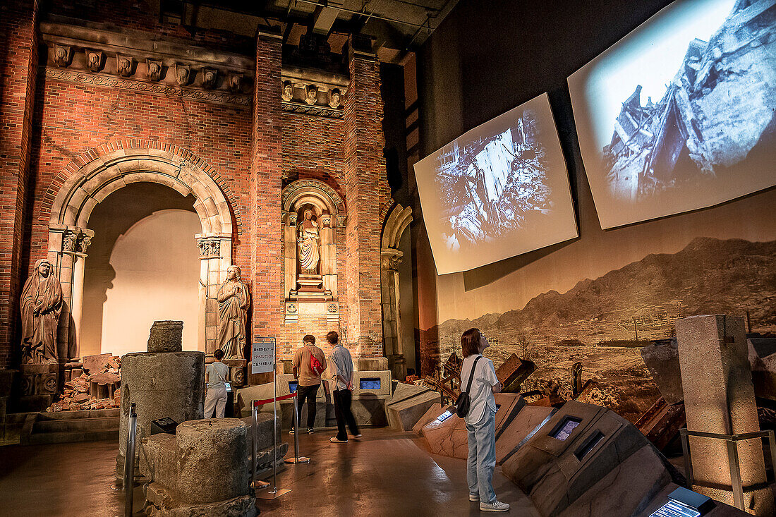 Reconstruction of the Side Wall of Urakami Cathedral destroyed by the Atomic Bomb Blast. Atomic Bomb Nagasaki Peace Memorial Museum, Nagasaki, Japan