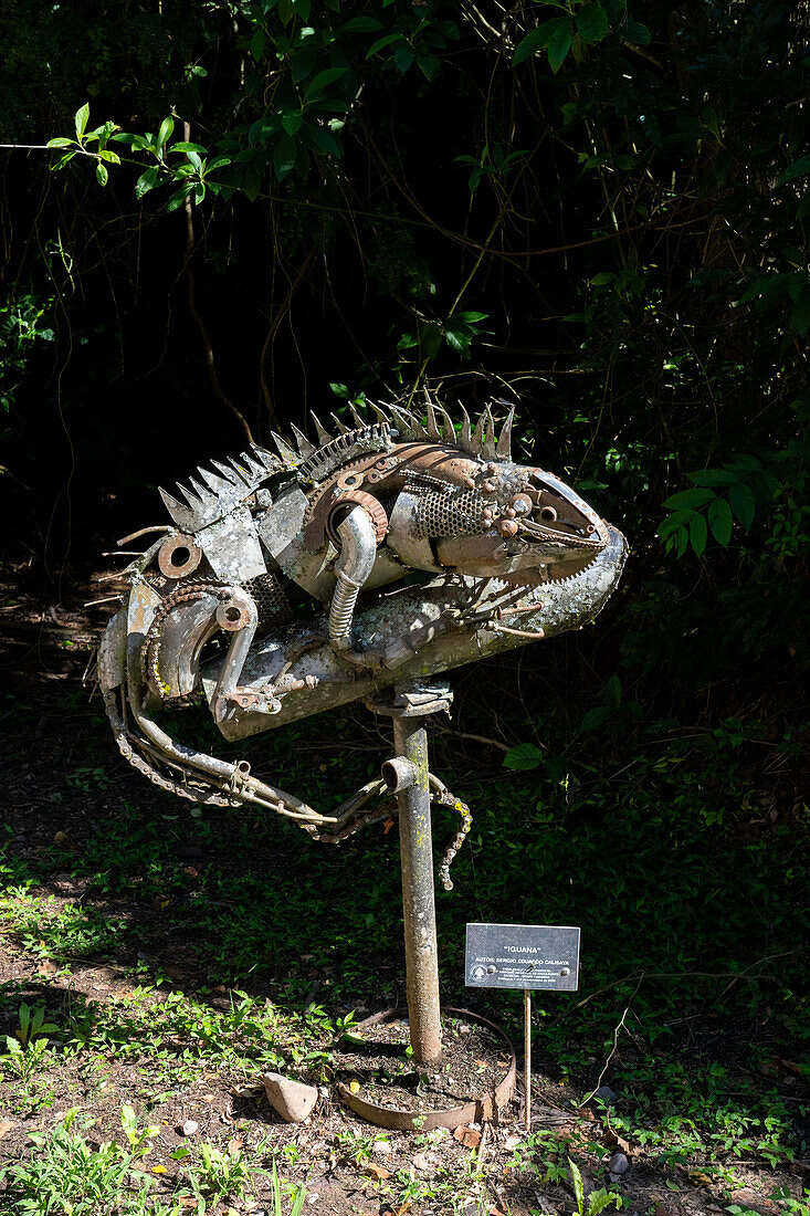 Metal sculpture of a green iguana at the visitors center in Calilegua National Park in Argentina.