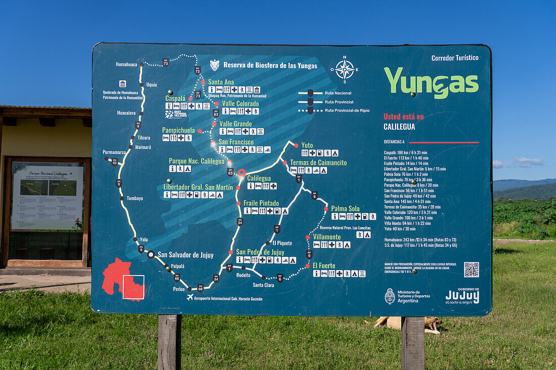 Informational sign about the Yungas Biosphere Reserve at the information center for Calilegua National Park in Argentina.