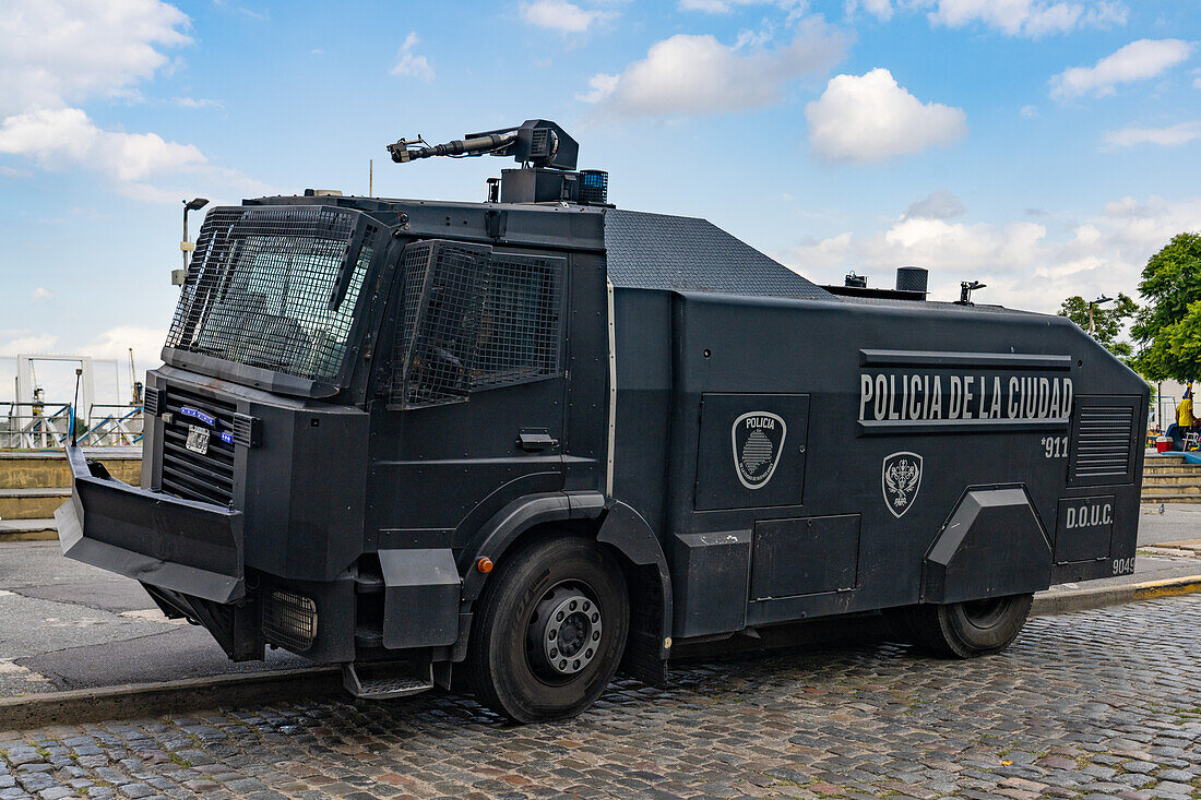 A Buenos Aires police force water cannon truck for riot control parked in La Boca.