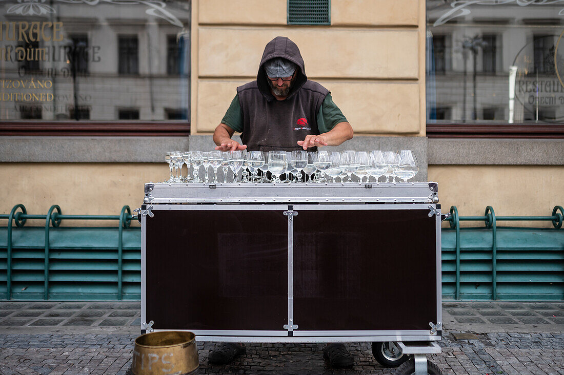 Petr Spatina, Glass Harpist, plays in the streets of Prague