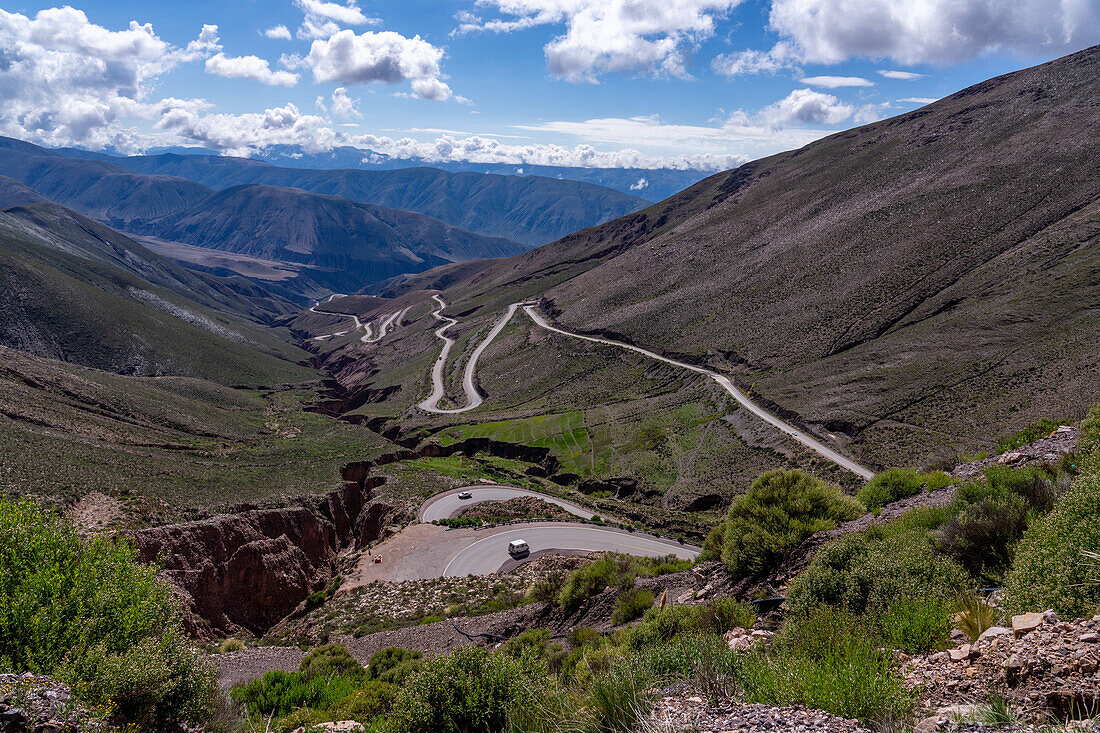 The winding switchbacks of National Route 52 on the Cuesta de Lipan between Purmamarca and Salinas Grande, Argentina.