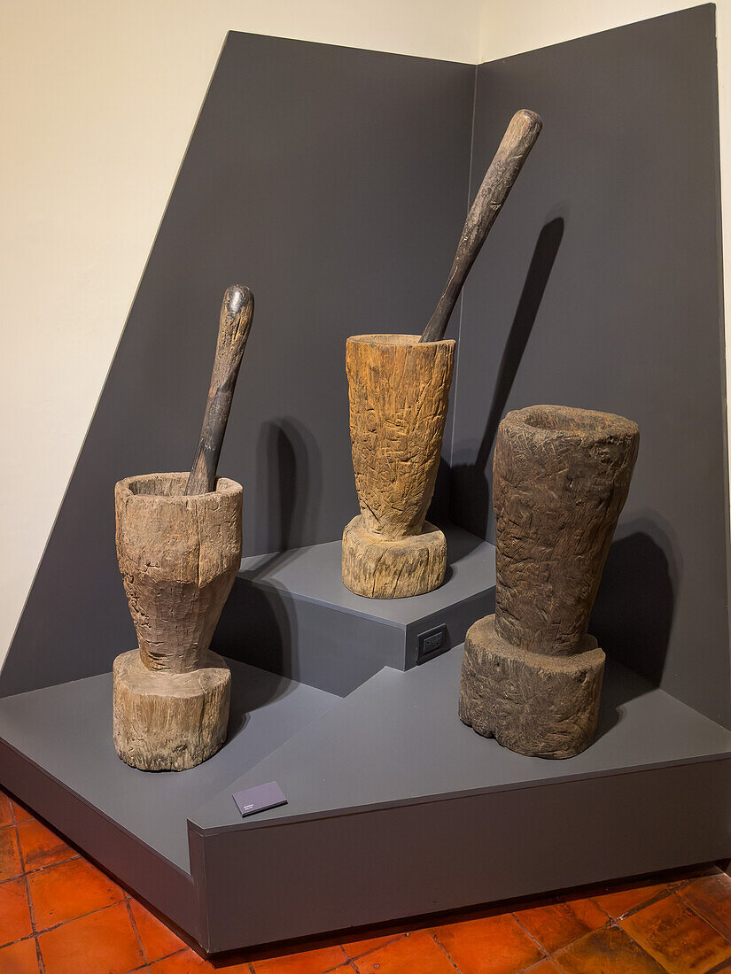 Wooden mortars and pestles in the Juan Lavalle Historical Provincial Museum, San Salvador de Jujuy, Argentina. Used for grinding grain.