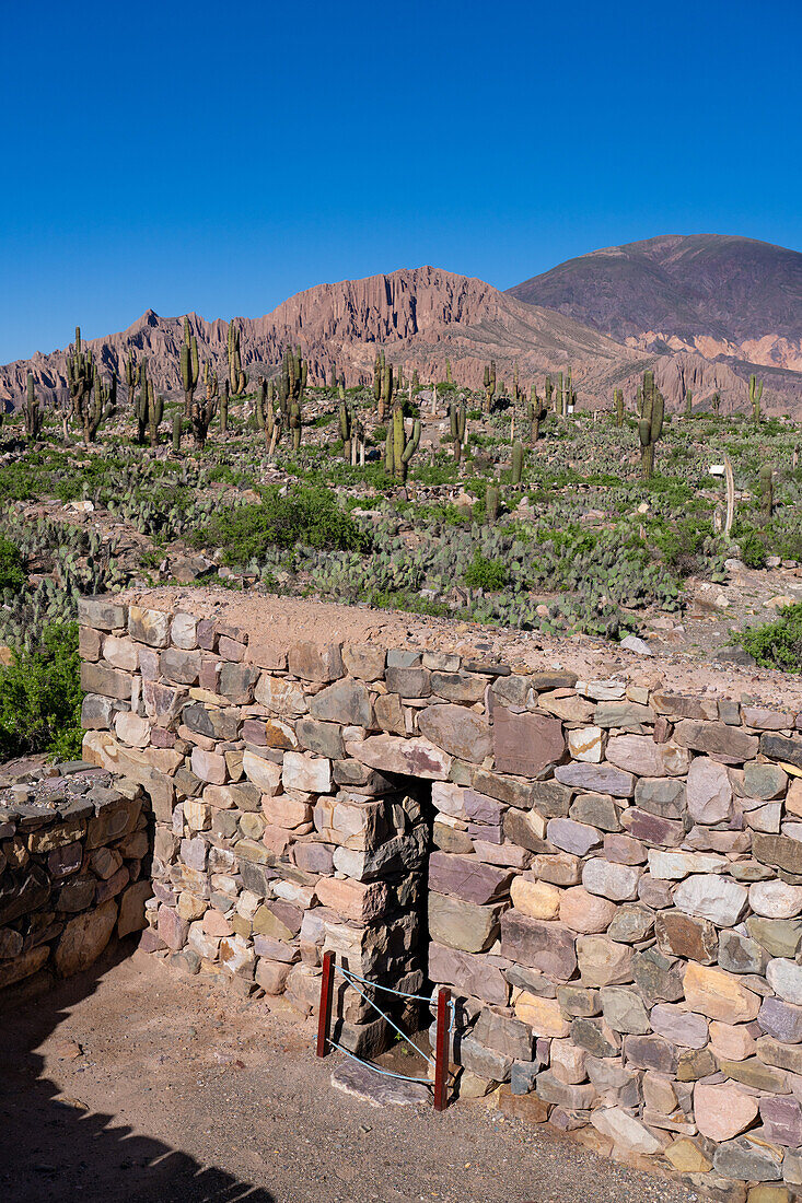 Teilweise rekonstruierte Ruinen in der Pucara von Tilcara, einer prähispanischen Ausgrabungsstätte bei Tilcara, Humahuaca-Tal, Argentinien