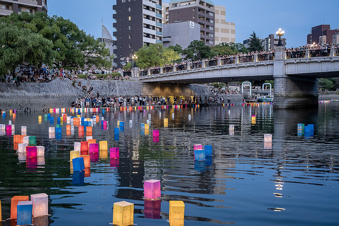 Motoyasu bridge in front of Atomic Bomb Dome with floating lamps on Motoyasu-gawa River during Peace Memorial Ceremony every August 6 in Hiroshima, Japan