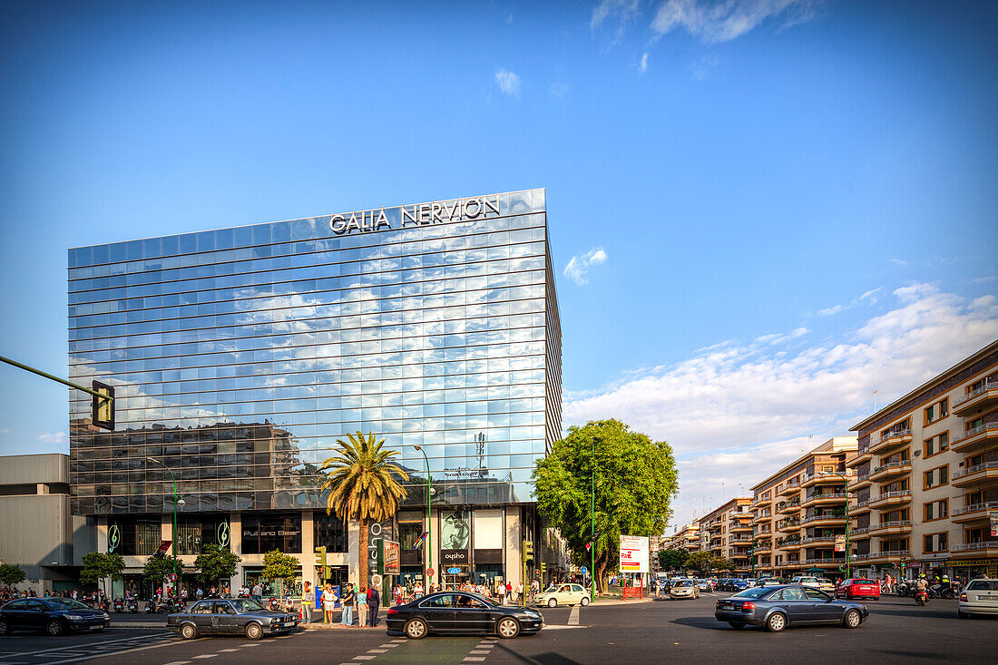 Seville, Spain, Sep 30 2009, The modern Galia Nervion building stands prominently in Seville\'s Nervion district, surrounded by shops and busy streets.