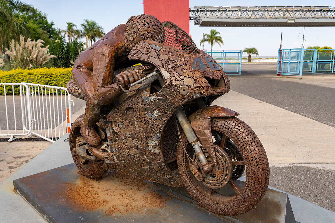 Welded metal sculpture of motorcycle racer Valentino Rossi at the Termas de Rio Hondo Automobile Museum in Argentina.