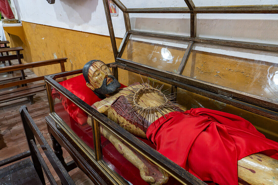 A hand-carved articulated wooden statue of Jesus Christ in the Church of Our Lady of Mercy in El Naranjo, Argentina. Carved in the 1700s by indigenous artists.