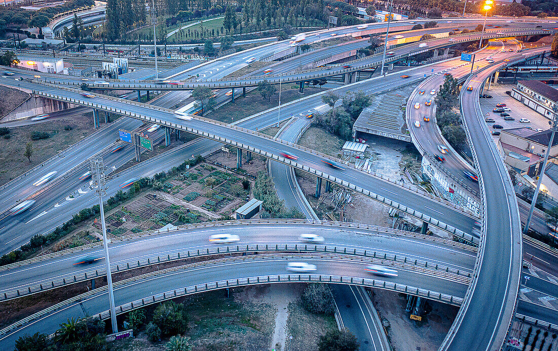 Nus de la Trinitat Road knot in Trinitat vella Ronda de dalt arial view Barcelona Catalonia Spain