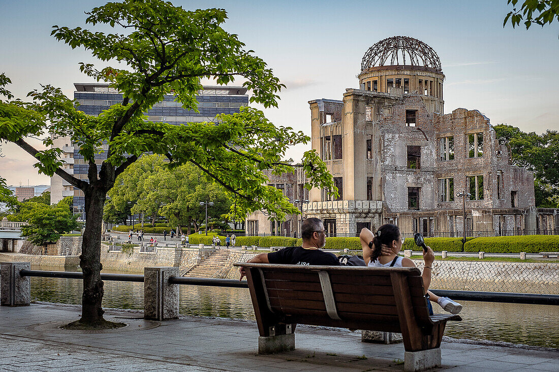 Hiroshima Peace Memorial (Genbaku Dome, Atomic Bomb Dome or A-Bomb Dome) and Motoyasu River in Hiroshima, Japan