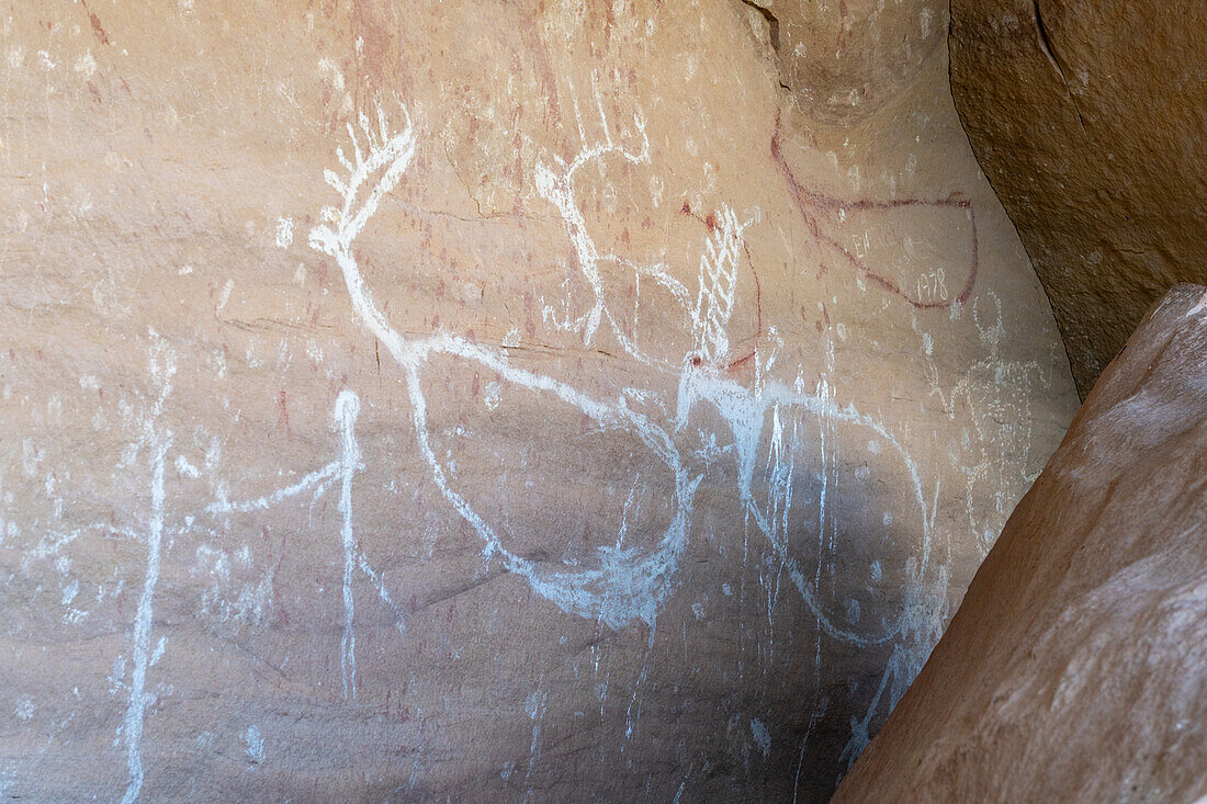 A pre-Hispanic Native American Fremont Culture rock art pictograph panel in Rasmussen Cave in Nine Mile Canyon, Utah.