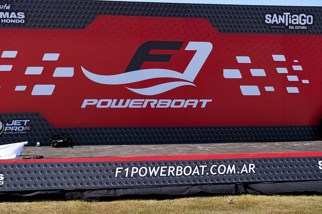 The stage for an upcoming F1 Powerboat race at Dique Frontal in Termas de Rio Hondo, Argentina.