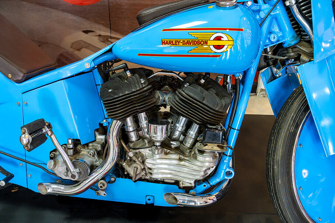 A vintage 1937 Harley-Davidson Steamliner motorcycle in the Automobile Museum of Termas de Rio Hondo, Argentina.