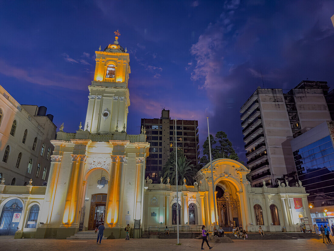 The exterior of the Cathedral of San Salvador de Jujuy, Argentina, lighted at night.