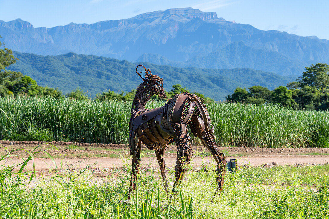 Metal sculpture of a taruca or Northern Huemul deer at the information center for Calilegua National Park in Argentina.