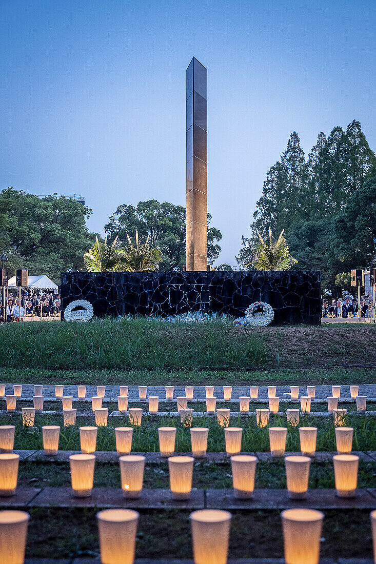 Ecumenical ceremony held every August 8 in the Nagasaki Hypocenter Park, in front of the monolith that marks the hypocenter, where all religions of Nagasaki pay tribute to the victims of the atomic bombing, Nagasaki, Japan