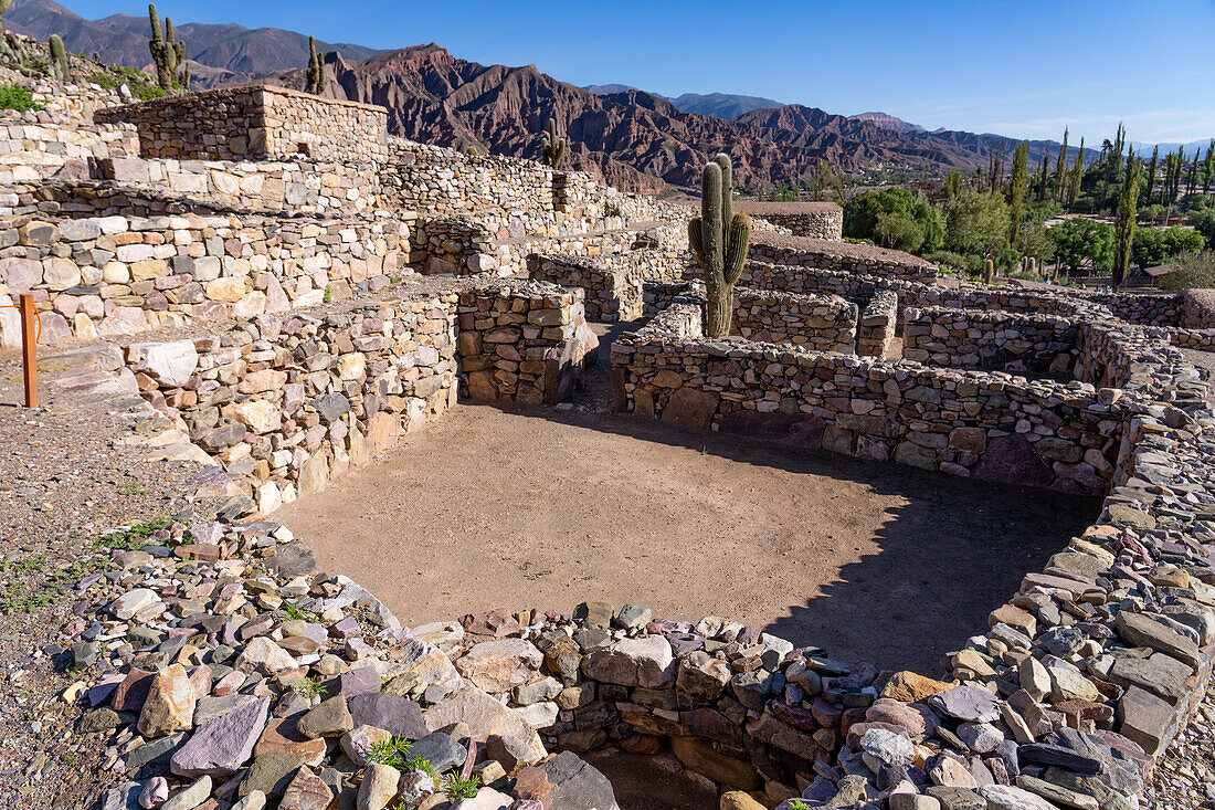 Partially reconstructed ruins in the Pucara of Tilcara, a pre-Hispanic archeological site near Tilcara, Humahuaca Valley, Argentina.