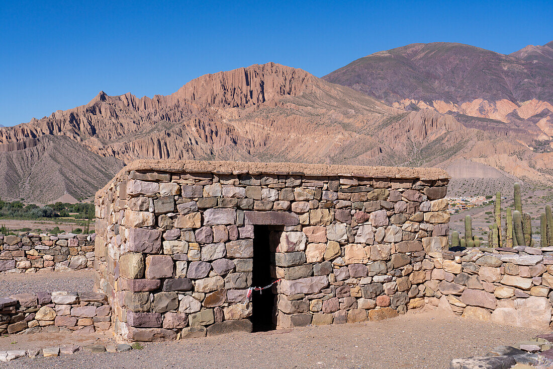 Partially reconstructed ruins in the Pucara of Tilcara, a pre-Hispanic archeological site near Tilcara, Humahuaca Valley, Argentina.