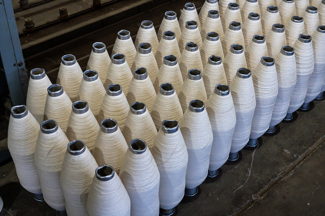 Large bobbins of sheep's wool yarn for blending with llama wool at Hilandería Warmi, a weaving mill in Palpalá, Argentina.