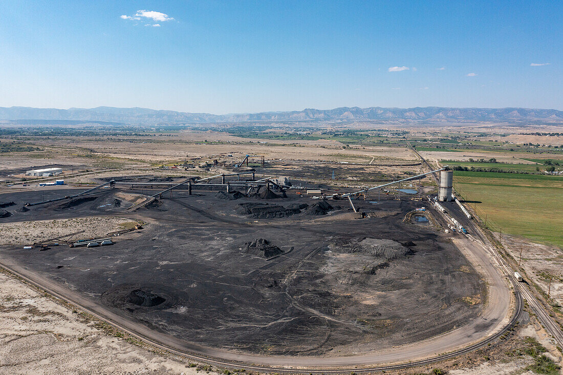 Aerial view of the the Savage Energy Terminal, a coal transfer facility in Price, Utah. Coal is brought from the minesby truck and transferred to rail cars