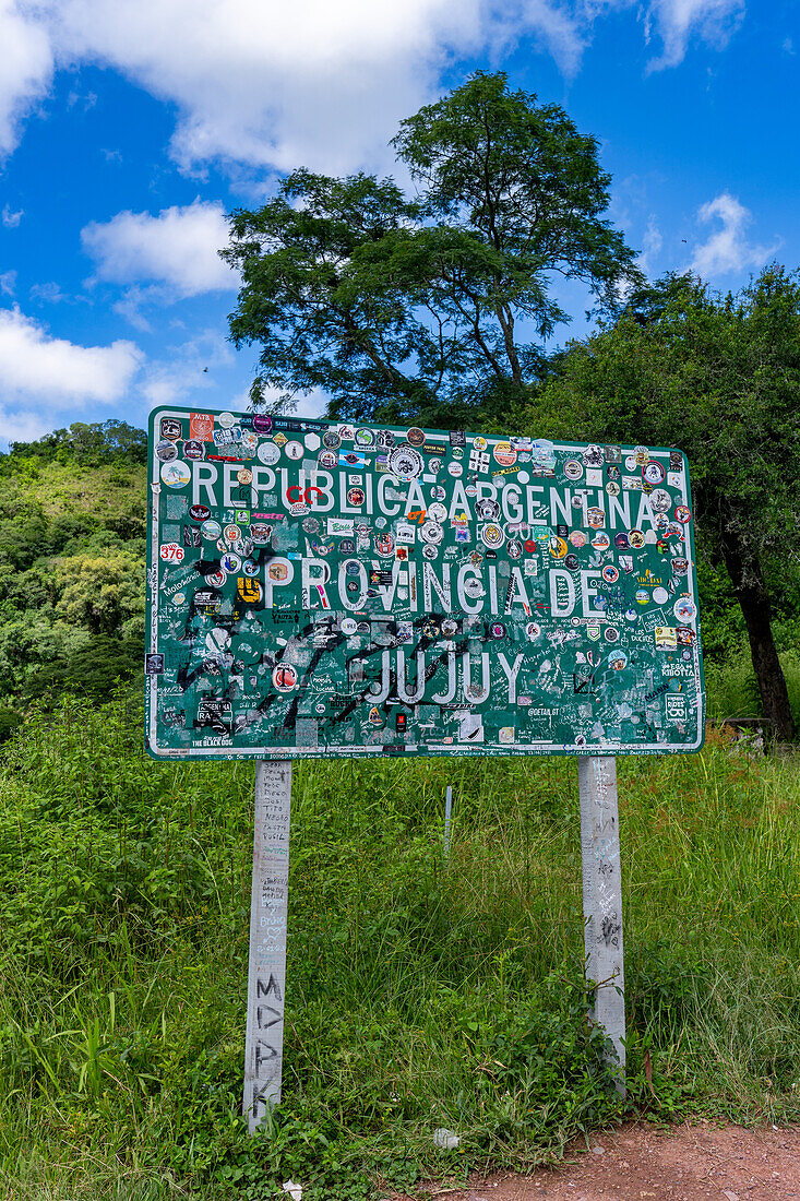 The sign at the border between Salta & Jujuy on Route 9 in the Yungas rainforest between Salta & San Salvador de Jujuy, Argentina.