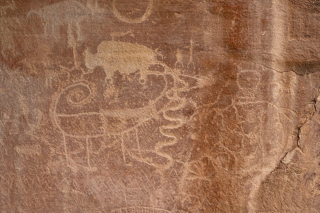 A pre-Hispanic Native American Fremont Culture rock art petroglyph panel by the Rasmussen Cave in Nine Mile Canyon, Utah. Depicted are a bison, a bighorn sheep, a snake and a human or anthropomorphic figure at right.