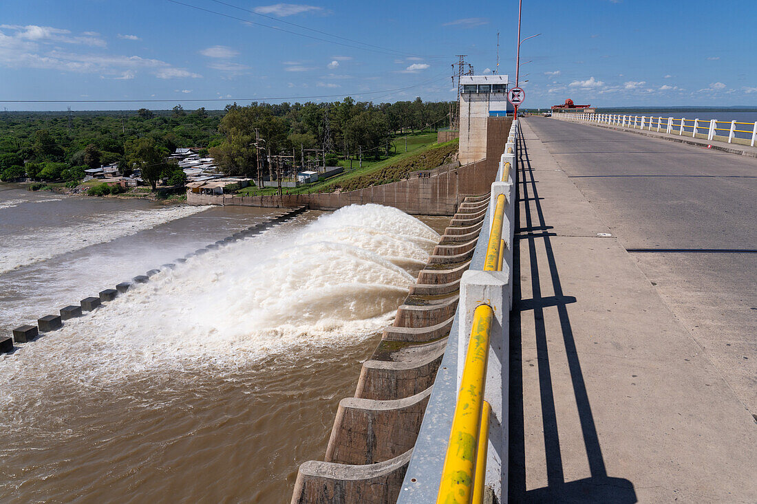 Plumes of water jet from the spillway of the Rio Hondo Dam at Termas de Rio Hondo in Argentina.