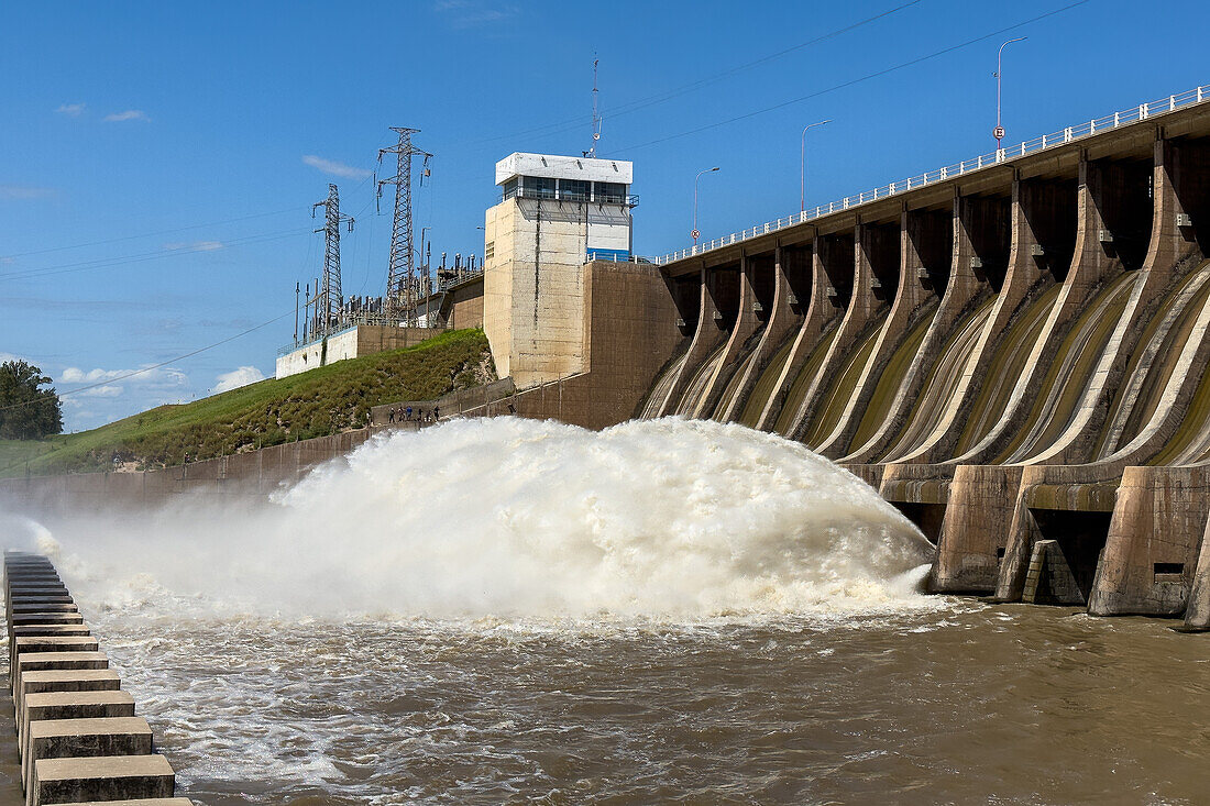 Plumes of water jet from the spillway of the Rio Hondo Dam at Termas de Rio Hondo in Argentina.