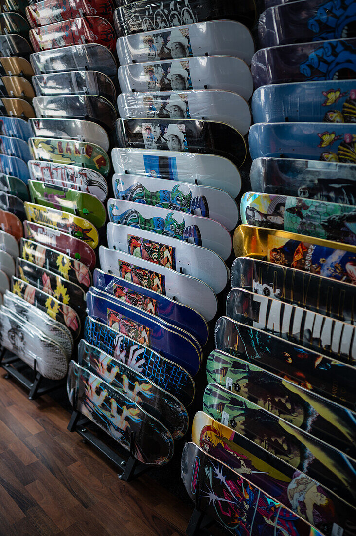 Assorted boards inside skateboarding store