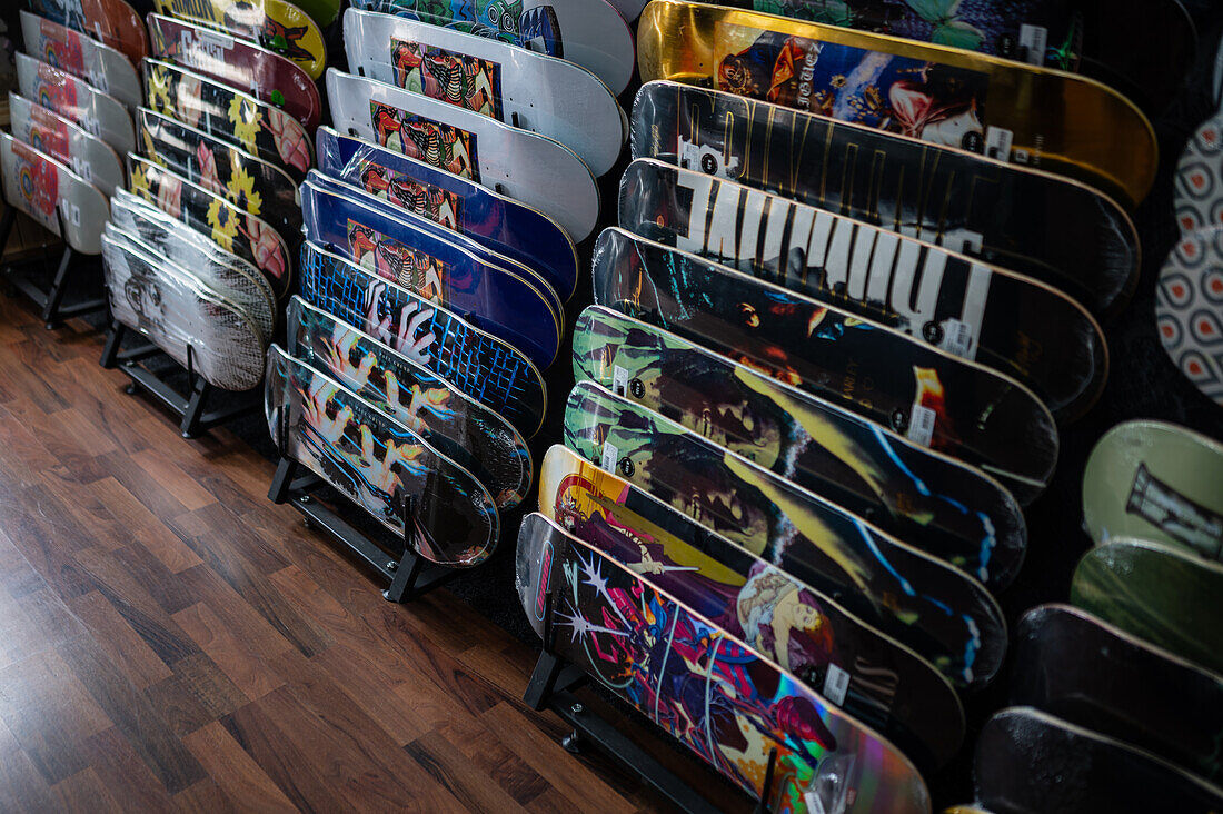 Assorted boards inside skateboarding store