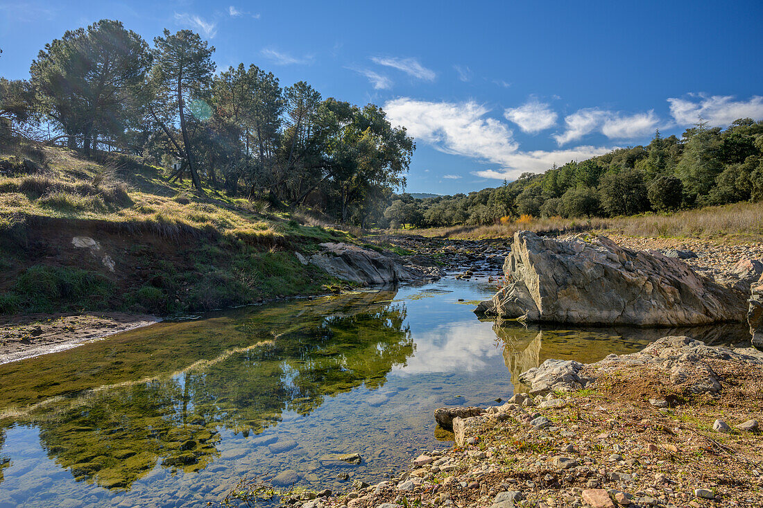 A tranquil scene of Rio Guadiato flowing through the natural landscape of Villaviciosa de Cordoba, Andalucia. Capturing serene reflections and lush greenery under a clear blue sky.