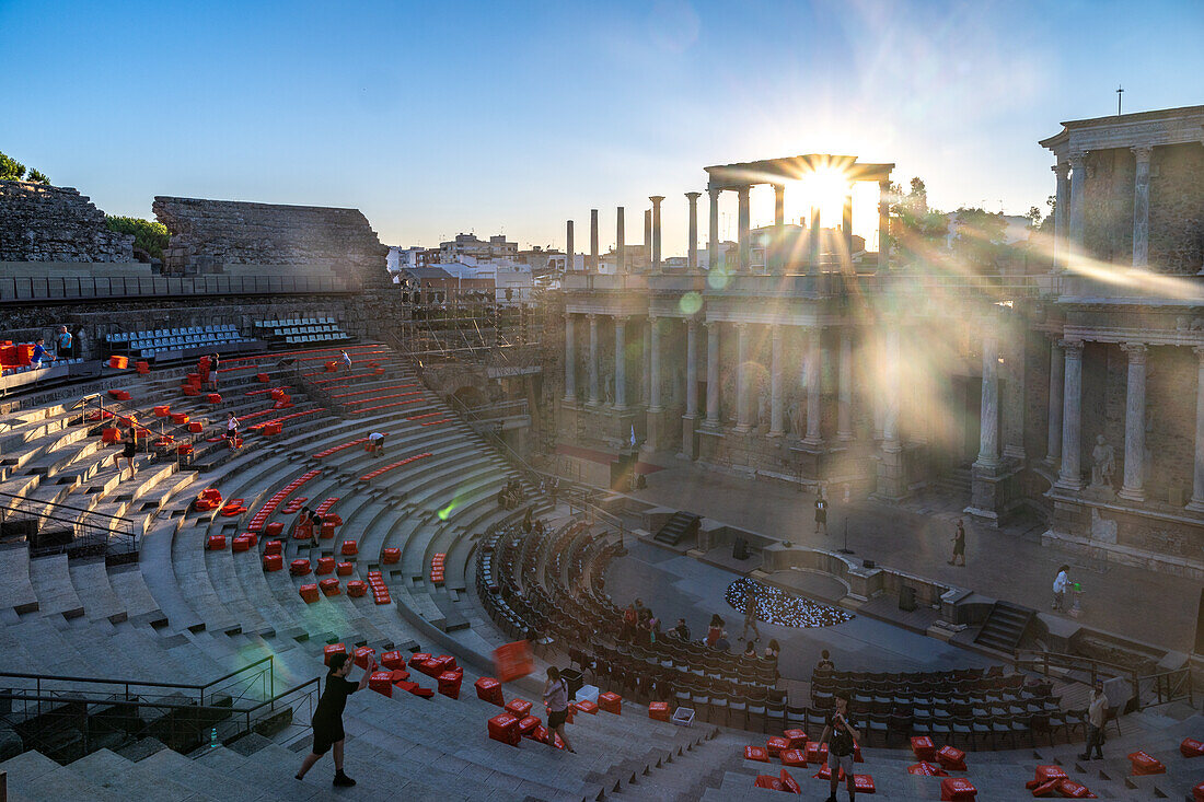 Merida, Spain, Aug 15 2024, View of the ancient Roman Theatre in Merida, Spain, as it is readied for a cultural performance showcasing historical architecture and vibrant local culture.