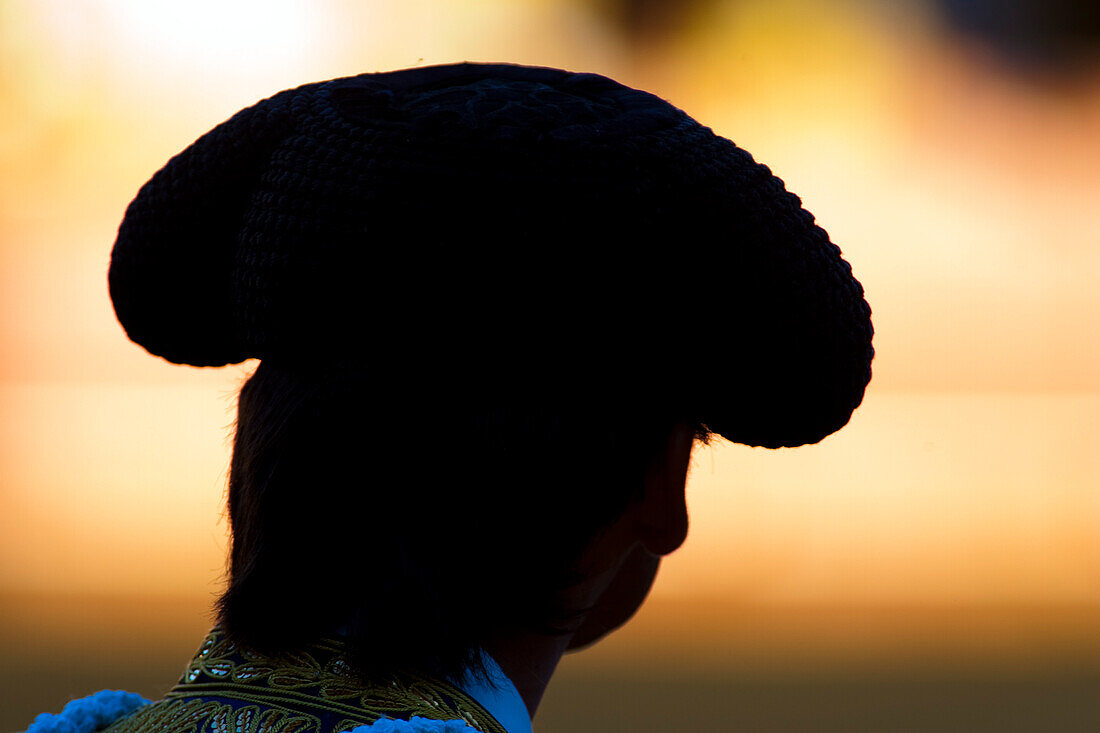 A bullfighter stands silhouetted against the vibrant backdrop of Sevillas historic bullring, showcasing the essence of traditional culture.