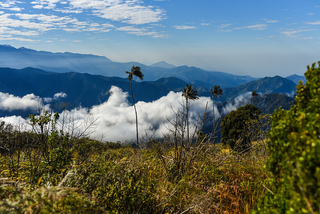 Blick auf den Sonnenaufgang in der Sierra Nevada de Santa Marta, Berge, einschließlich Cerro Kennedy, auch bekannt als "la Cuchillo de San Lorenzo", Kolumbien