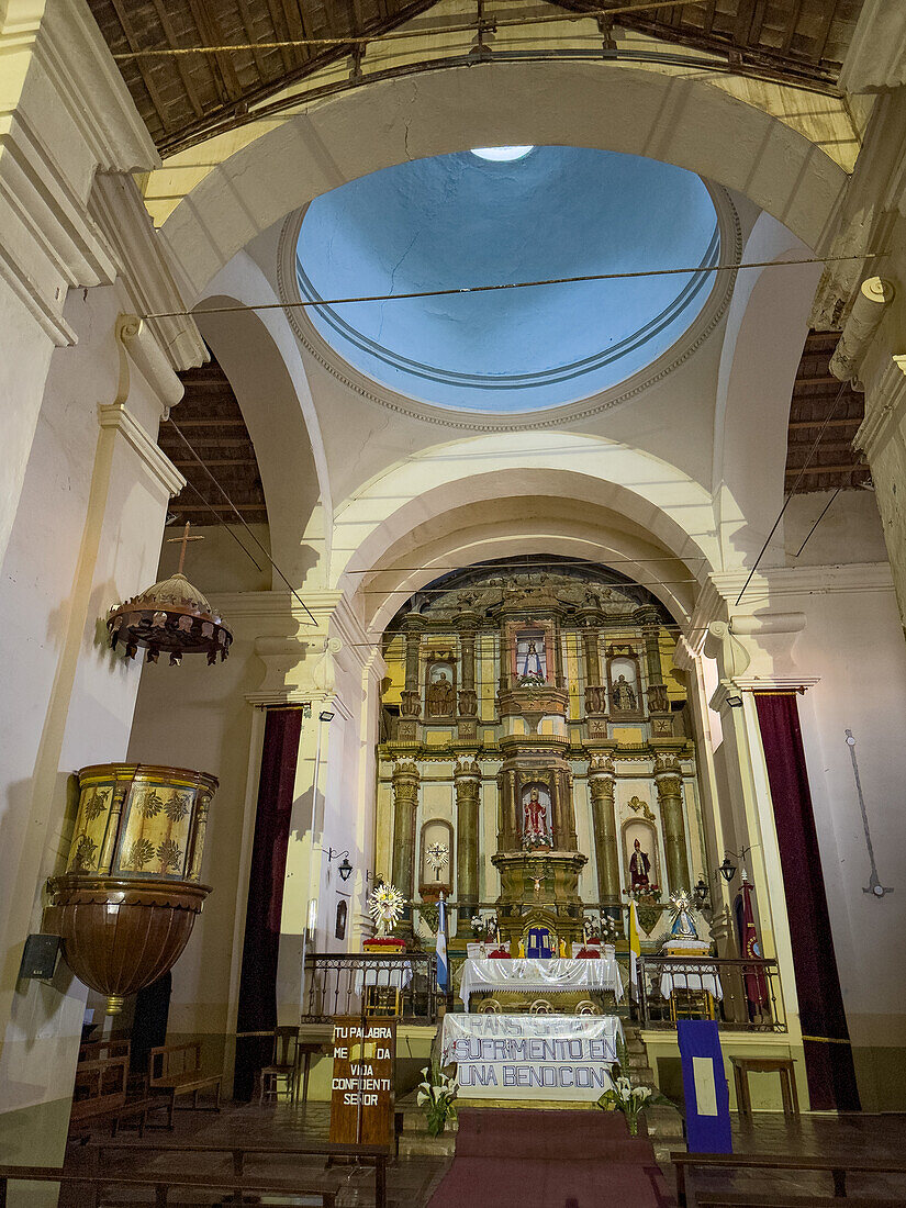 The altar & main altarpiece of the Church of San Carlos Borromeo in San Carlos, Argentina in the Calchaqui Valley.