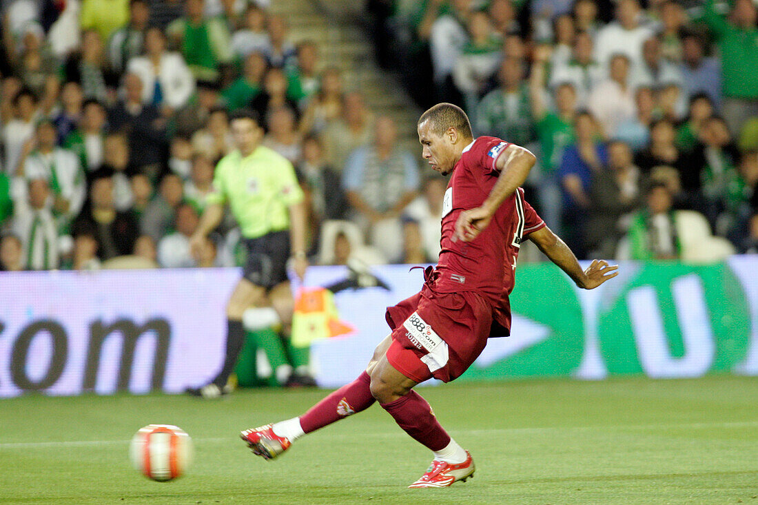 Seville, Spain, May 11 2008, Luis Fabiano strikes the ball to score a goal in the derby match between Sevilla FC and Real Betis on May 11, 2008.