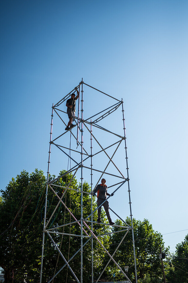 Construction works at The Festival of Saint John of Sobrado, also known as Bugiada and Mouriscada de Sobrado, takes place in the form of a fight between Moors and Christians , locally known as Mourisqueiros and Bugios, Sao Joao de Sobrado, Portugal