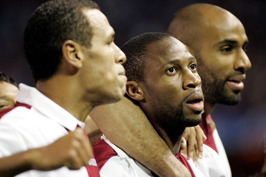 Seville, Spain, March 4 2008, Players Luis Fabiano, Keita, and Kanoute rejoice after scoring during a Champions League match in Sevillas Sánchez Pizjuán stadium.