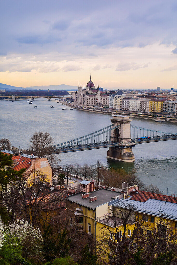 Parliament building, Chain Bridge and Danube River in Budapest, Hungary, Europe