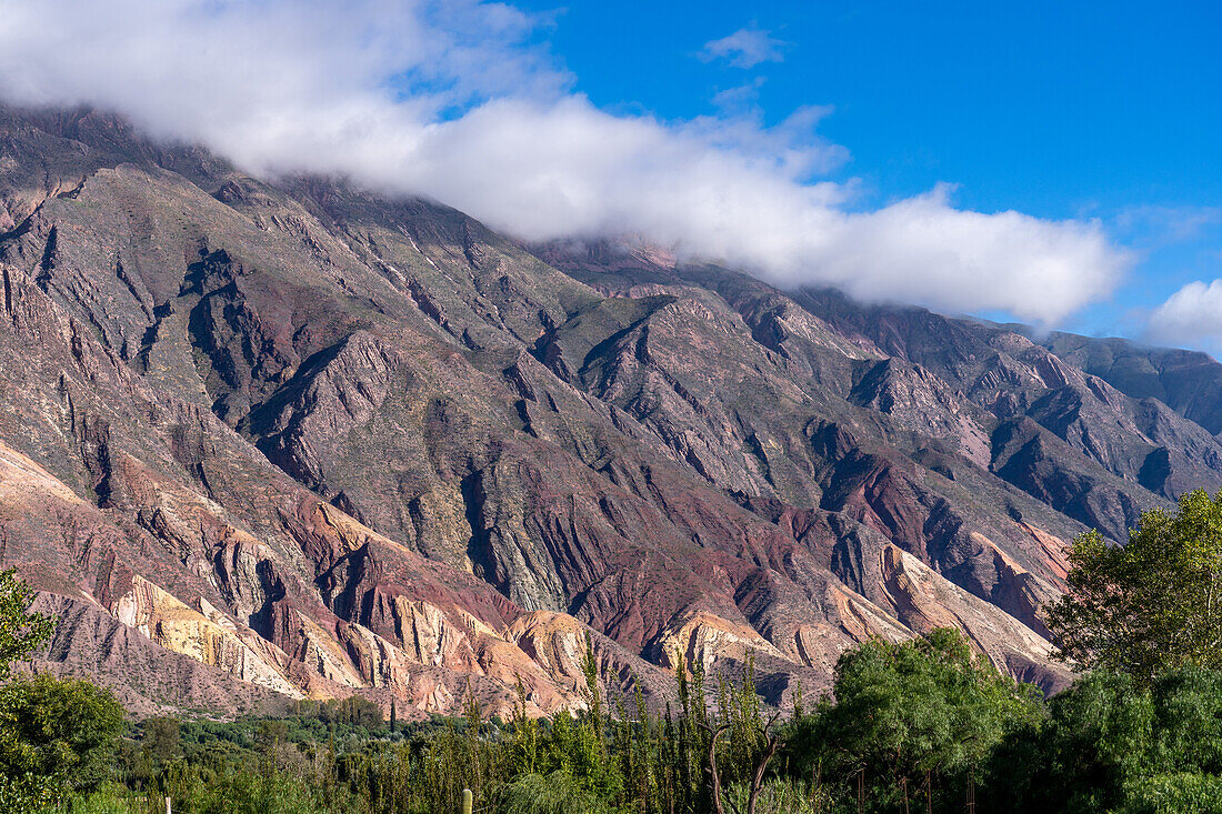 The colorful Paleta del Pintor or Painter's Palette in the Humahuaca Valley or Quebrada de Humahuaca in Argentina.