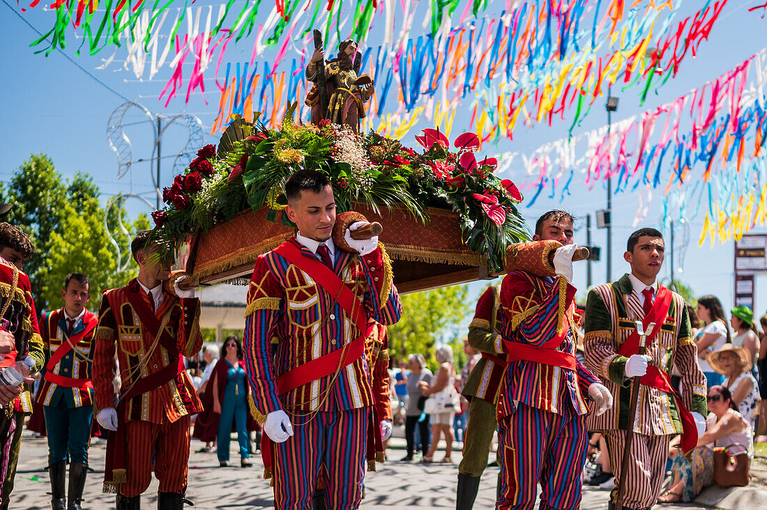 Religious procession finishing at São João Baptista Church during the Festival of Saint John of Sobrado, also known as Bugiada and Mouriscada de Sobrado, takes place in the form of a fight between Moors and Christians , locally known as Mourisqueiros and Bugios, Sao Joao de Sobrado, Portugal