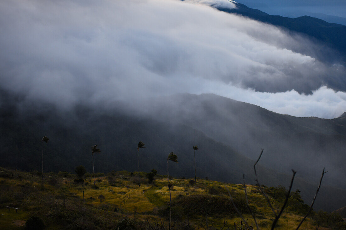 Sonnenaufgangsansicht der Sierra Nevada de Santa Marta, Berge, einschließlich Cerro Kennedy, auch bekannt als "la Cuchillo de San Lorenzo", Kolumbien