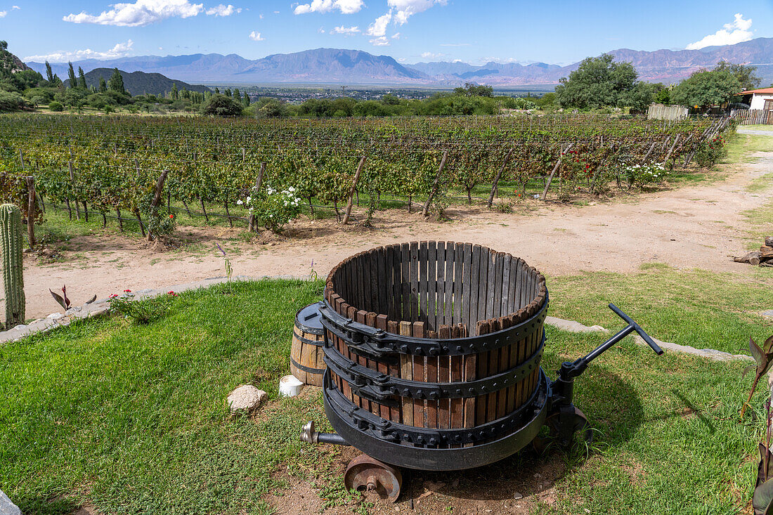 An old vintage wooden wine press at the Bodega and Finca las Nubes, a winery and vineyard near Cafayate, Argentina.