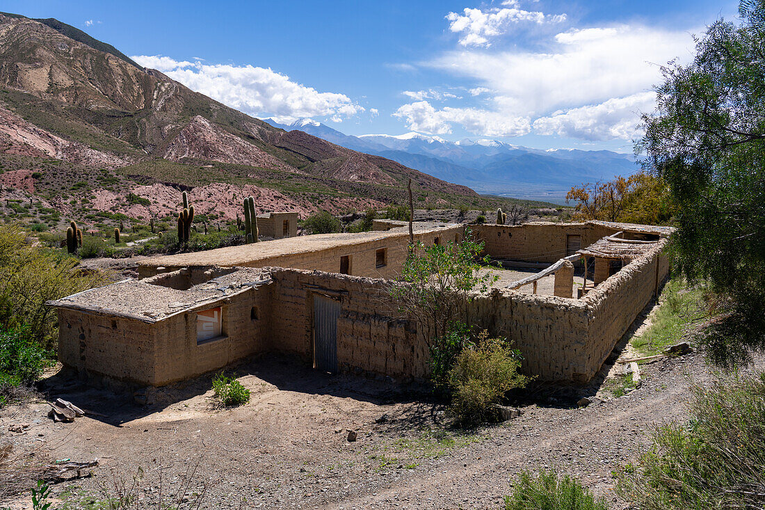 Ruins of an old hacienda in the Calchaqui Valley between Los Cardones National Park & Payogasta, Argentina. The snow-capped Nevado de Cachi is behind.