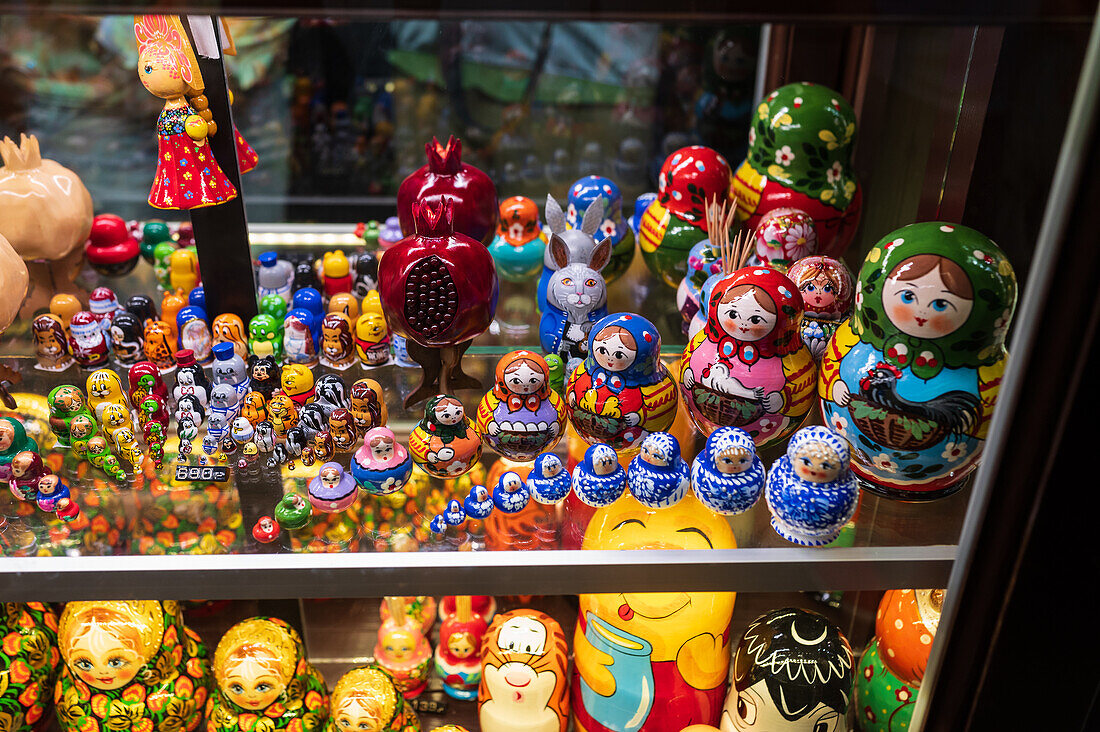 Assorted Matryoshka Russian nesting dolls at shop display window, Prague