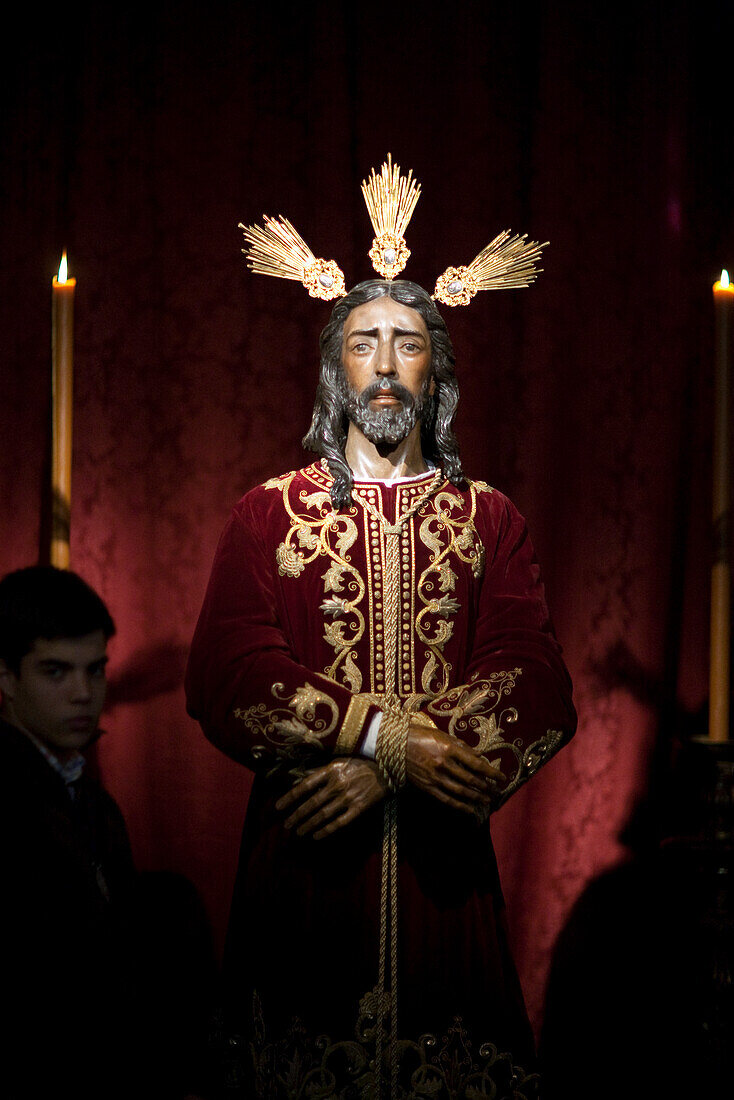 Seville, Spain, March 4 2008, The statue of Nuestro Padre Jesús ante Anás stands in a ceremonial setting during the Holy Week procession in Seville.